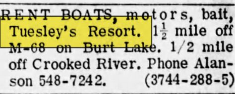 Tuesley Burt Lake Resort (Tuesleys Motel) - Aug 31 1968 Article (newer photo)